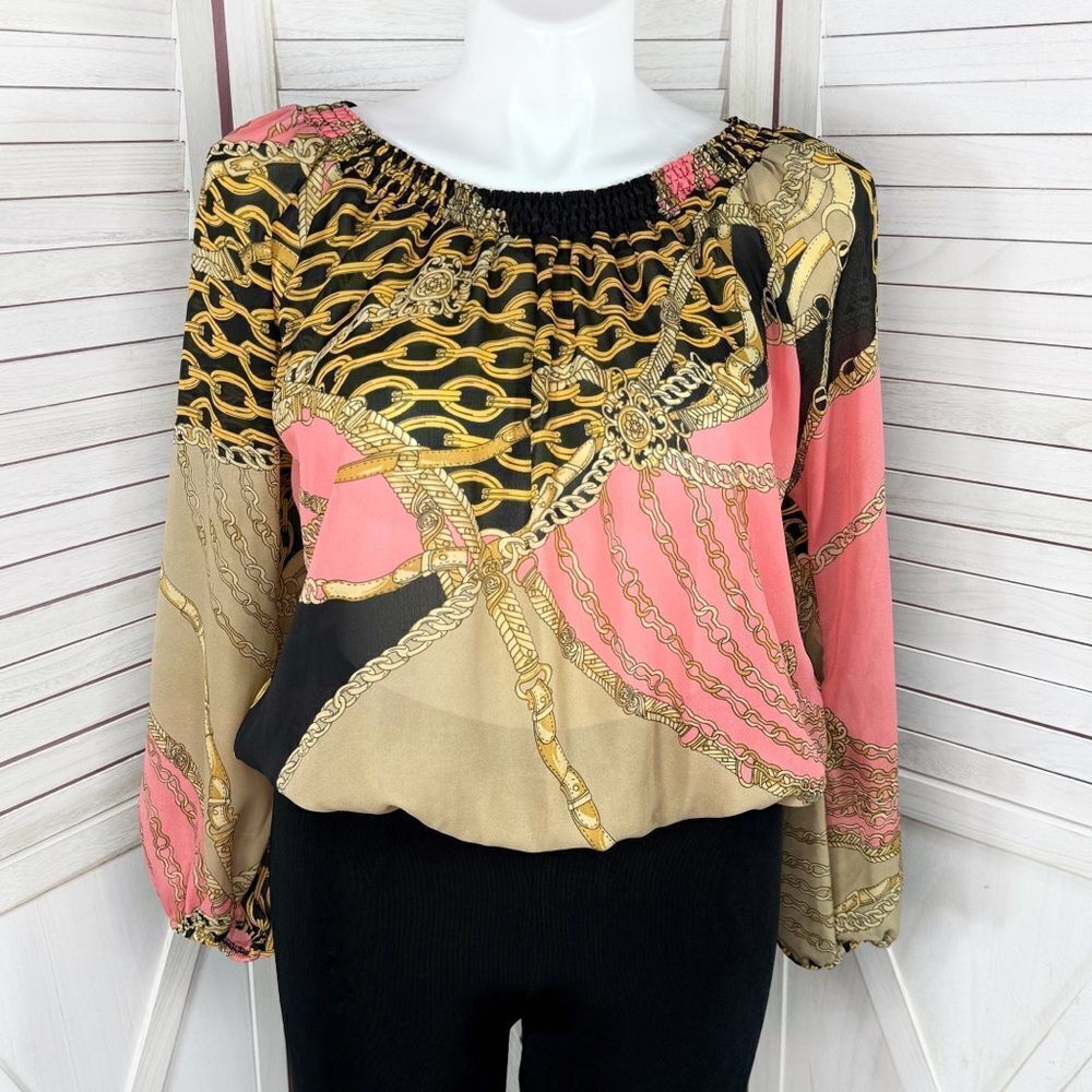 Metaphor Equestrian Print Chiffon Smocked Neck Blouse Black‎ Pink XL